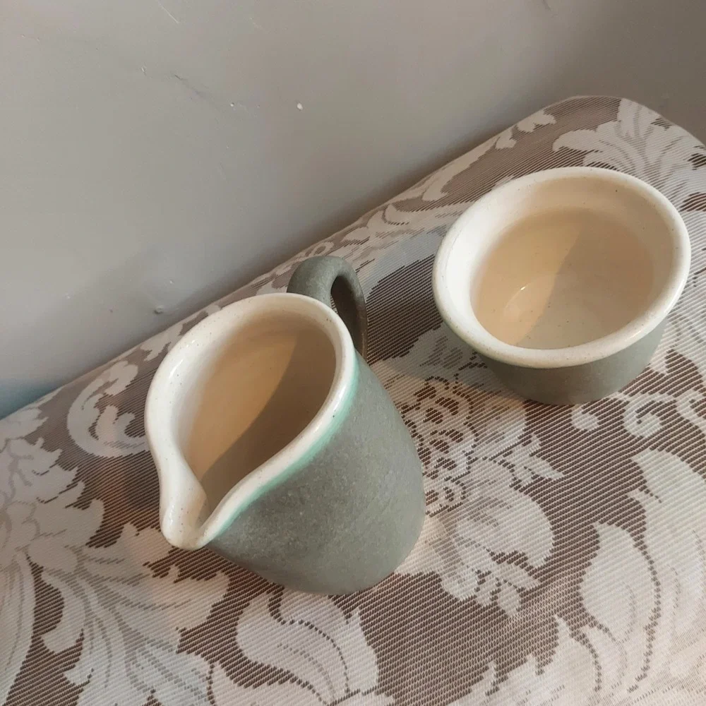 Overman Studio Pottery Cream and Sugar Set Sage Mint Green Drip Glaze Signed